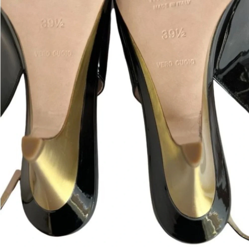 Prada MIU MIU Black Patent Leather Open Toe Slingbacks Metal Wedge High Heels - Picture 6 of 7